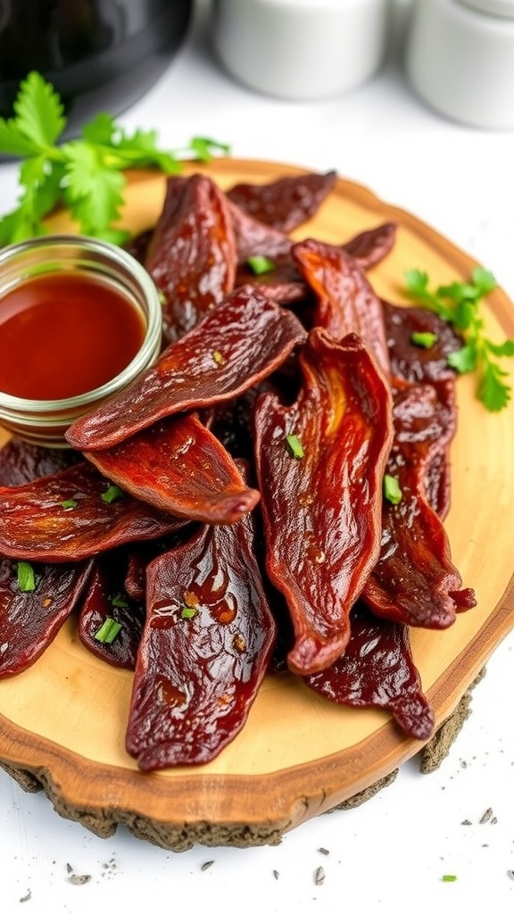 Savory air fryer beef jerky on a wooden board with dipping sauce.